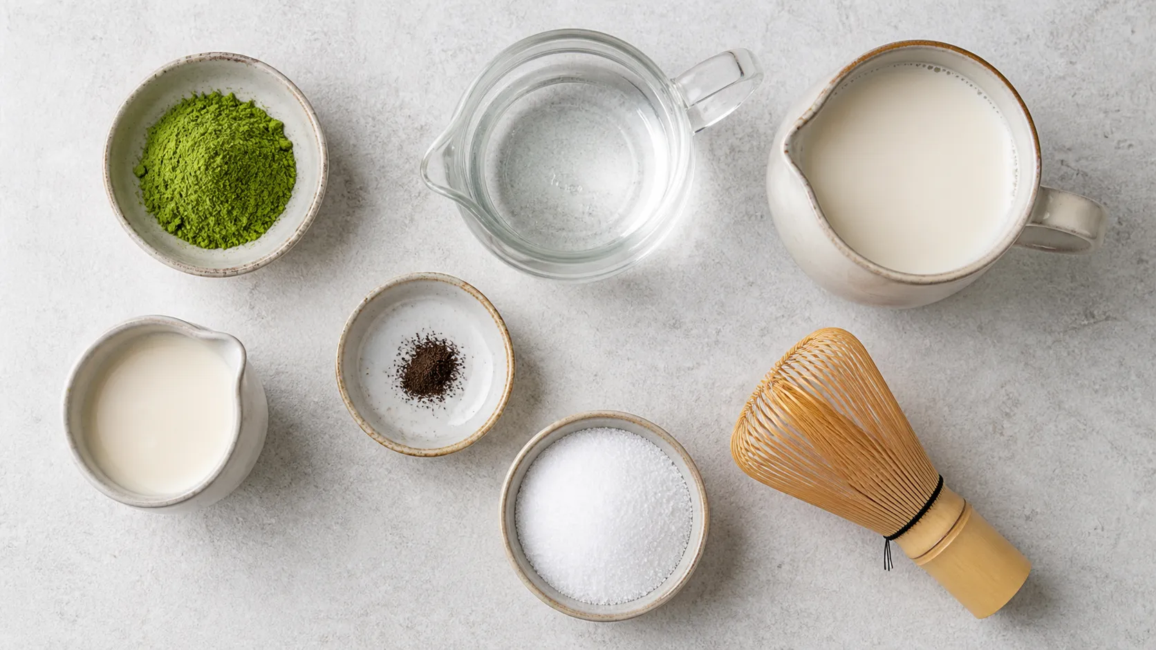 Flatlay of ingredients for keto matcha latte with matcha powder, hot water, almond milk, cream, erythritol and vanilla
