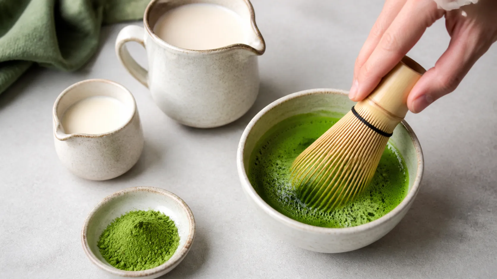 Matcha powder being whisked with hot water and a bamboo whisk for a keto matcha latte
