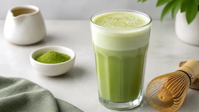 Keto matcha latte with almond milk, cream foam and bamboo whisk in a tall glass