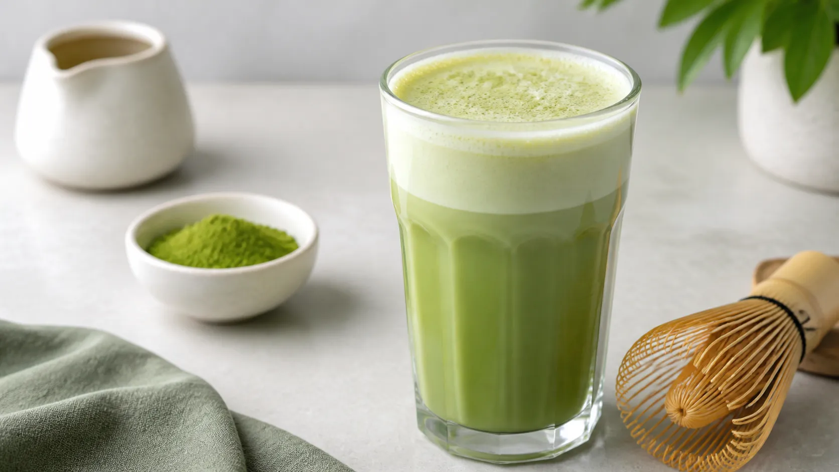 Keto matcha latte with almond milk, cream foam and bamboo whisk in a tall glass