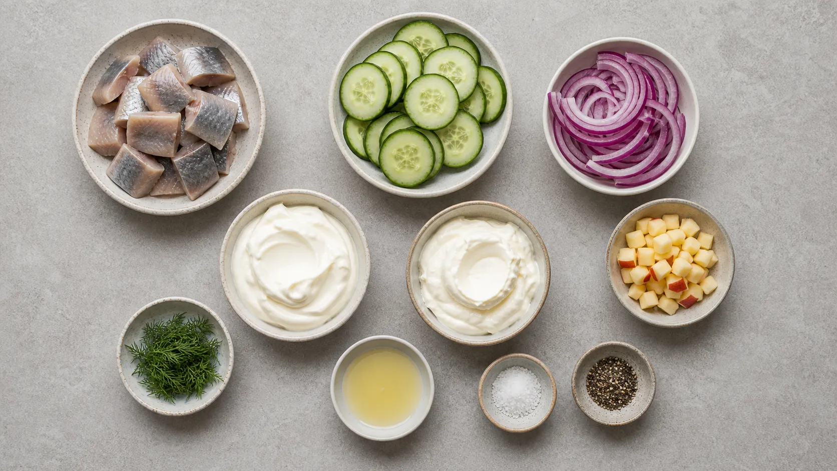 Ingredients for keto matjes herring salad: matjes herring fillets, cucumber, red onion, sour cream, creme fraiche, dill and apple