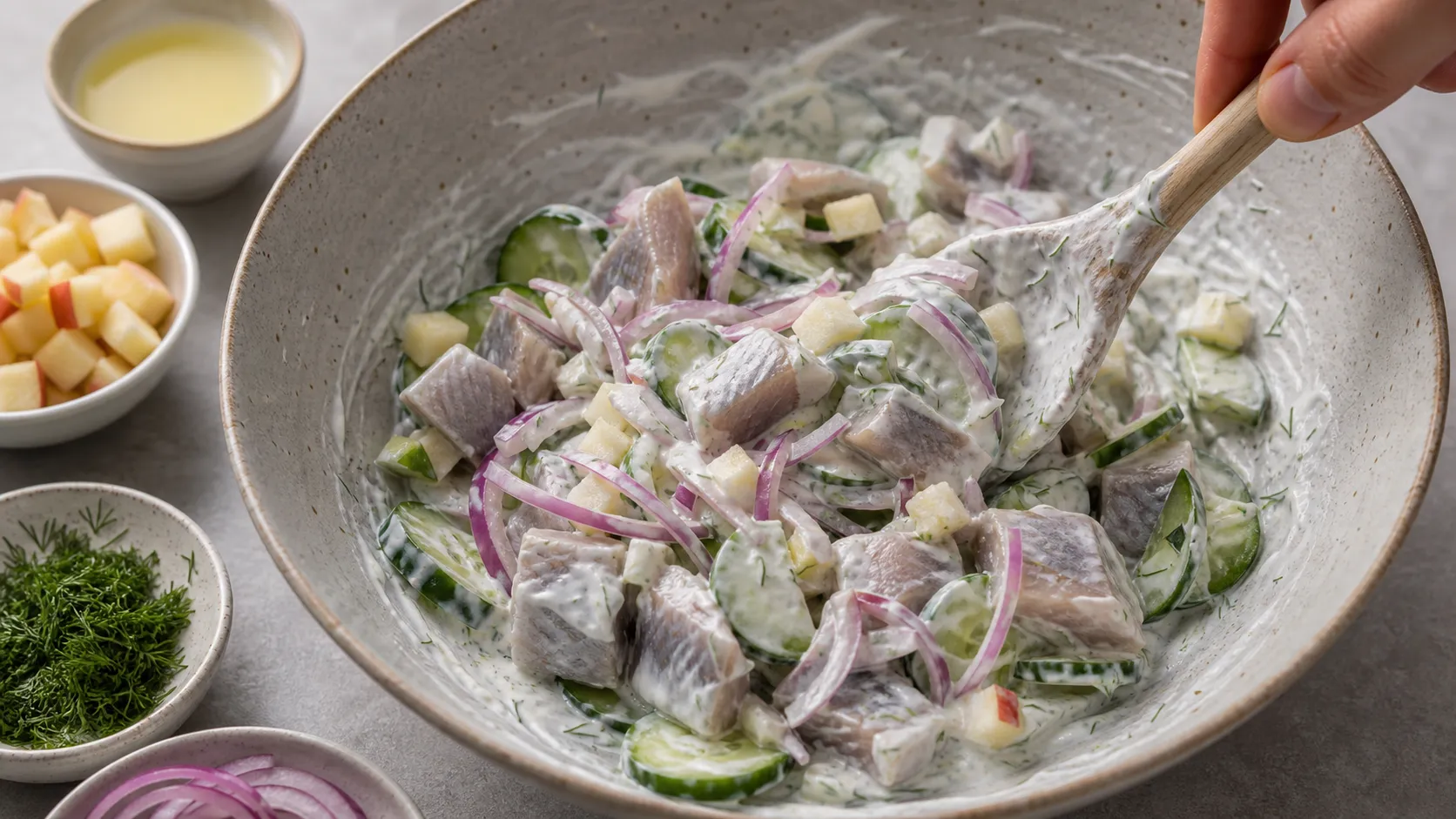 Pieces of matjes herring being folded with cucumber, onion and sour cream sauce in a bowl