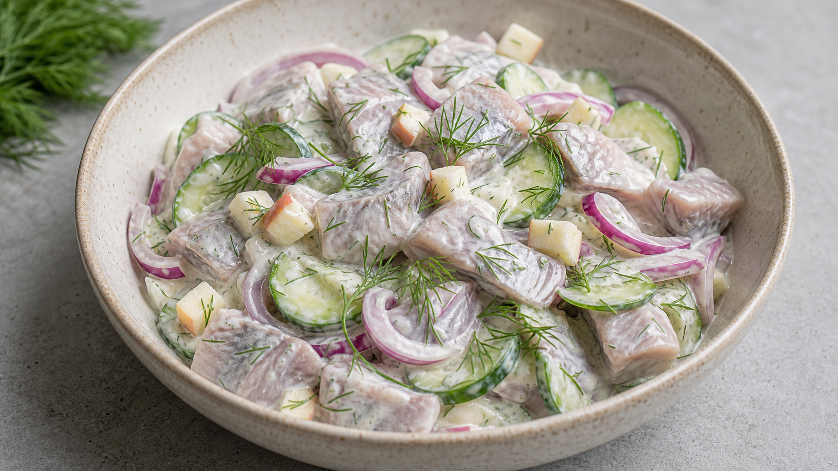 Keto matjes herring salad with herring fillets, cucumber slices, red onion rings and dill in a bowl