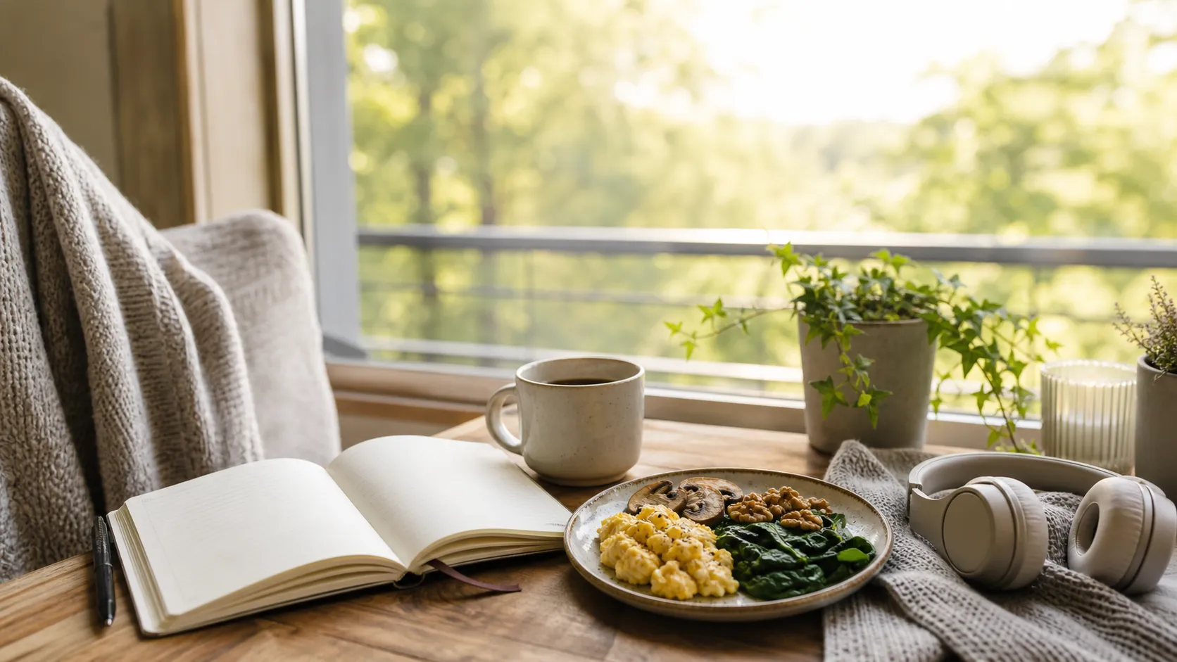 Quiet morning window nook with a blank journal, coffee, headphones and a keto plate with eggs, spinach and mushrooms