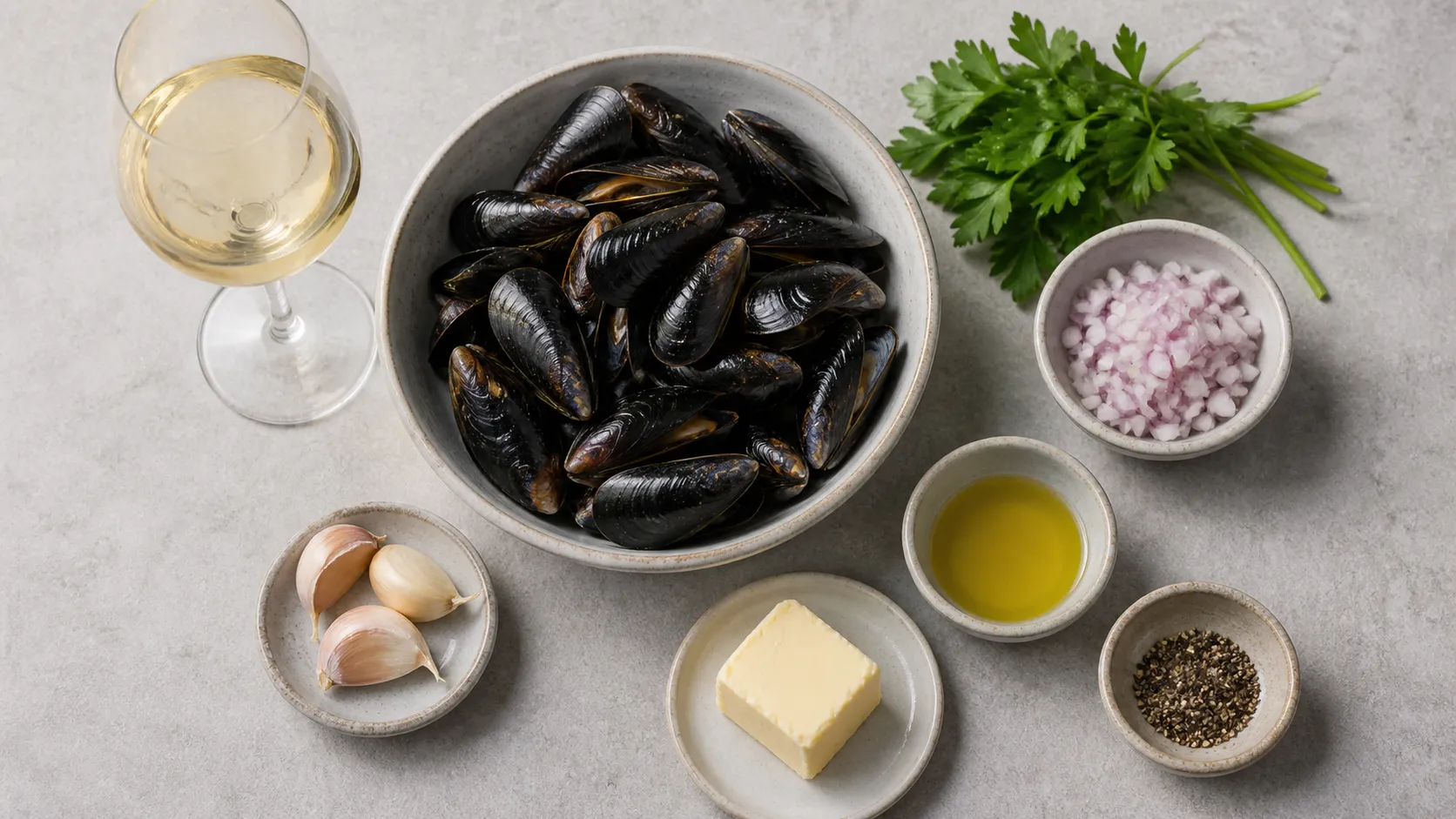 Ingredients for keto mussels with fresh mussels, white wine, garlic, shallots, butter, olive oil and parsley