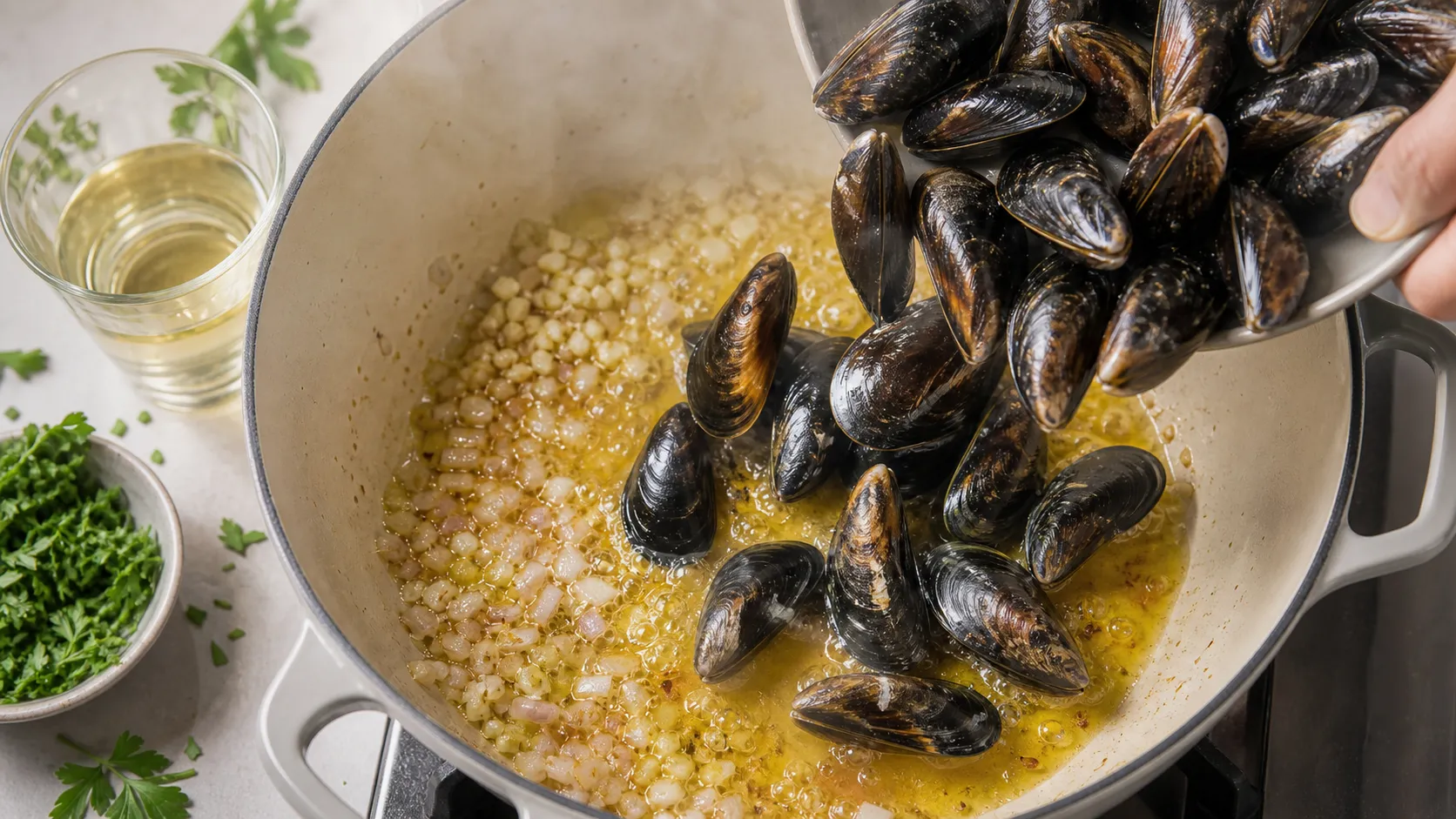 Mussels cooking with garlic, shallots and white wine in a pot