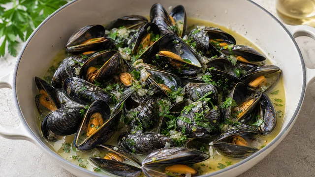 Keto mussels in white wine broth with garlic, shallots, butter and parsley