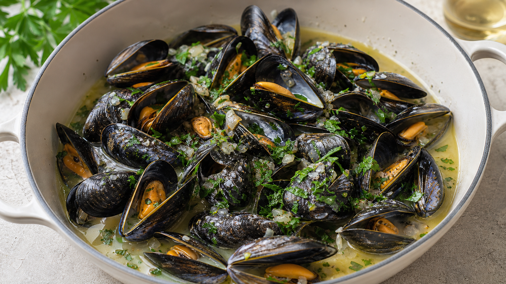 Keto mussels in white wine broth with garlic, shallots, butter and parsley