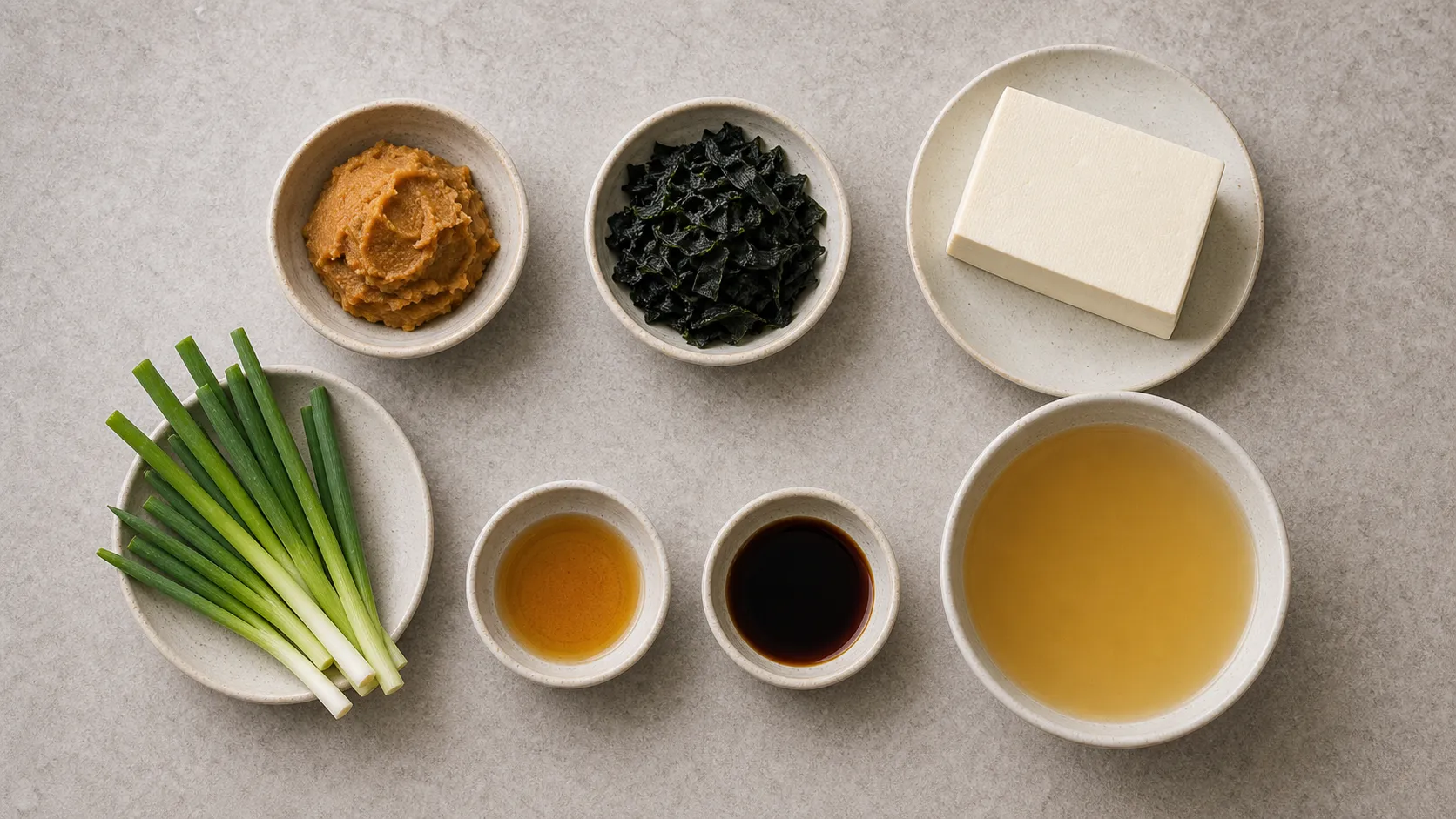 Ingredients for keto miso wakame soup: miso paste, dried wakame, silken tofu, spring onions, and soy sauce