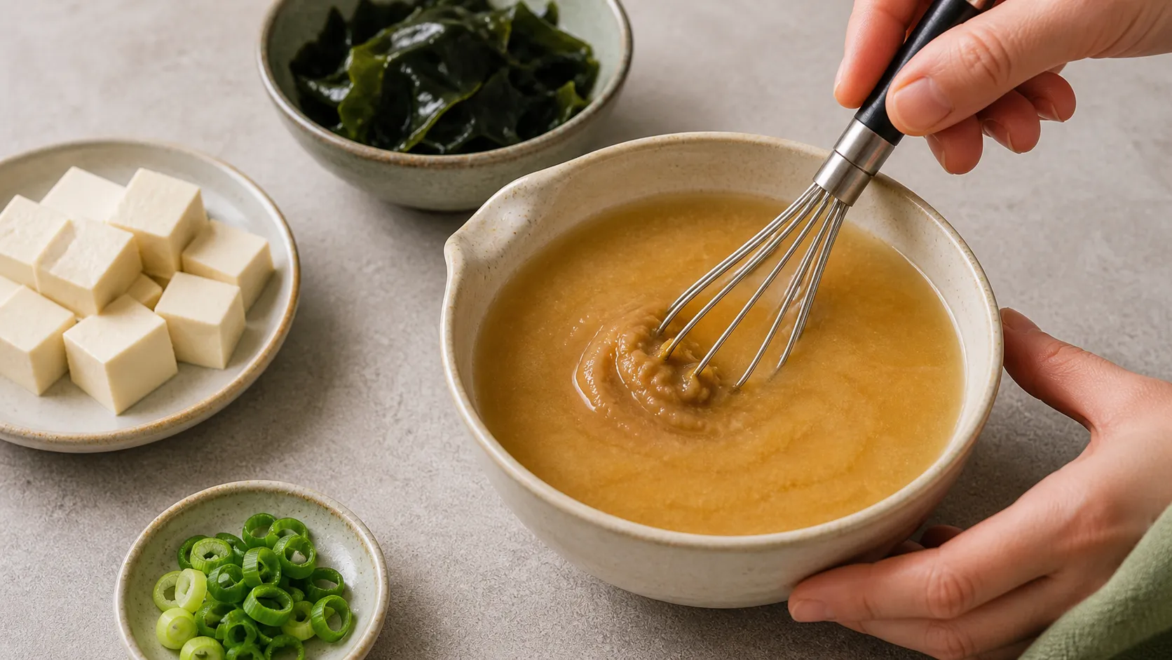 Miso paste being dissolved in hot broth with a whisk