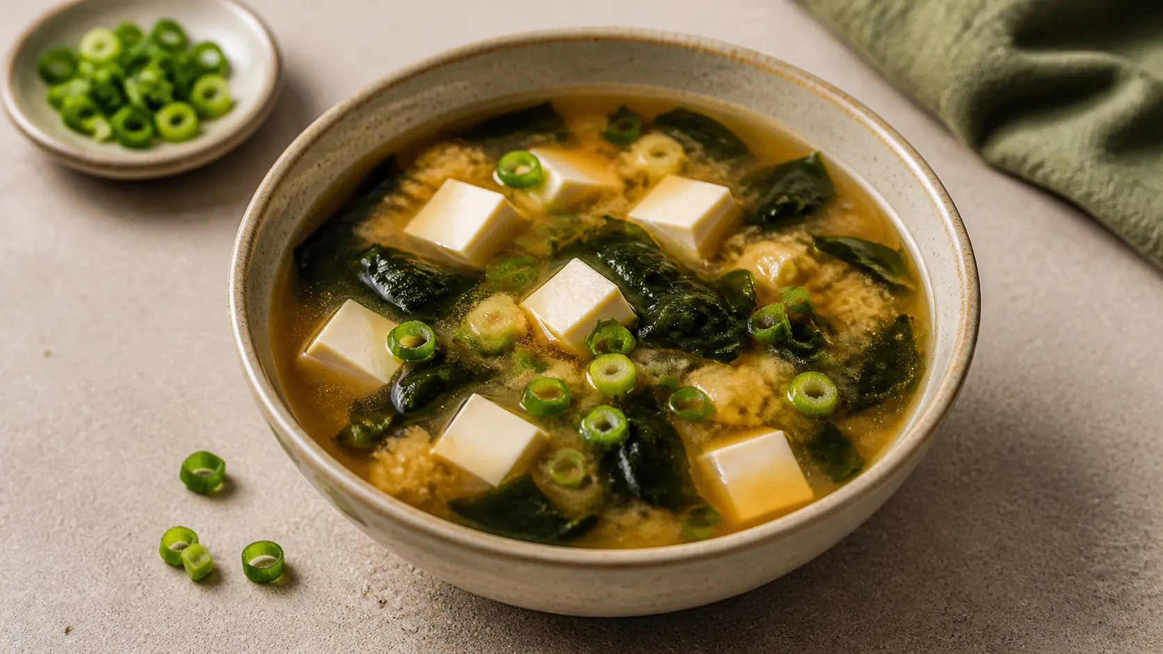Keto miso wakame soup in a bowl with tofu cubes, wakame seaweed, and spring onions