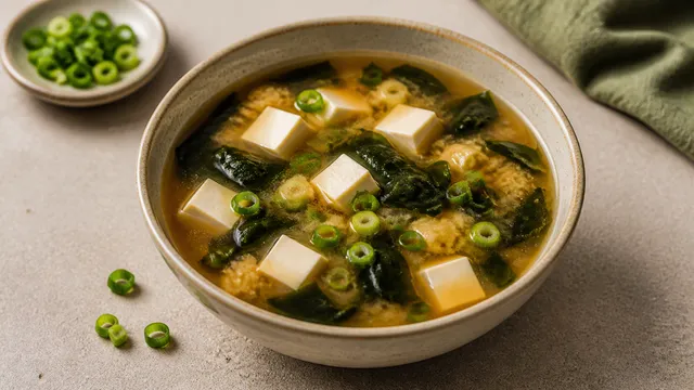 Keto miso wakame soup in a bowl with tofu cubes, wakame seaweed, and spring onions