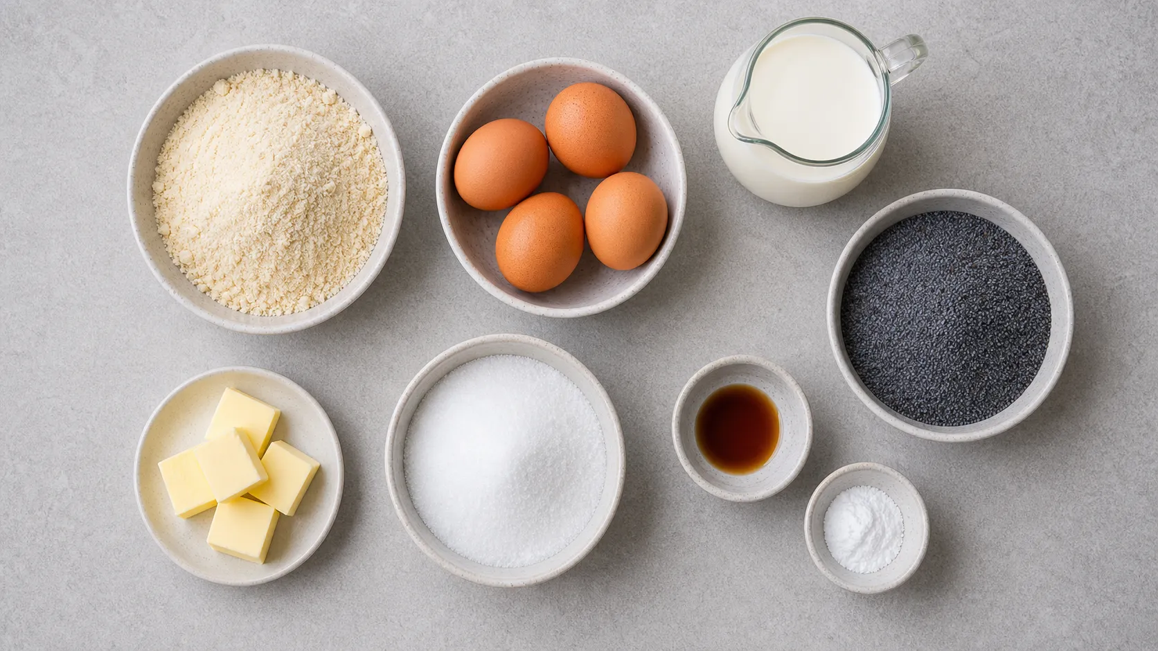 Ingredients for keto poppy seed cake: almond flour, blue poppy seeds, eggs, butter and erythritol