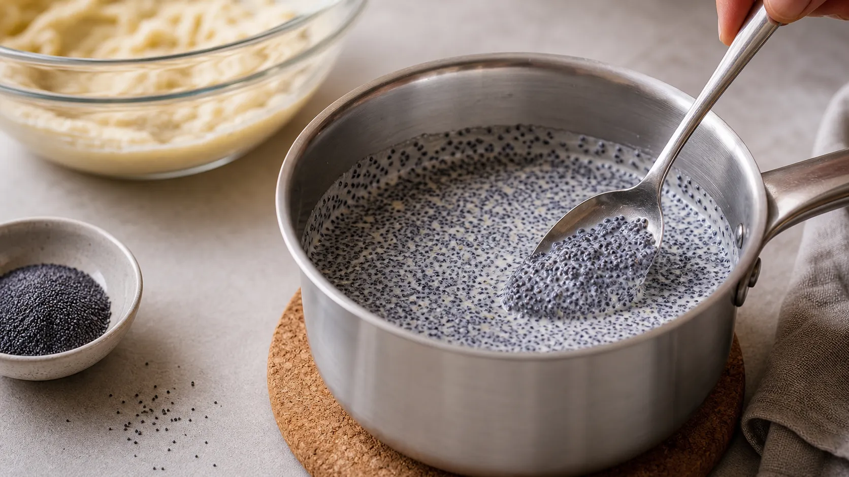 Poppy seeds briefly heated with cream and folded into the batter