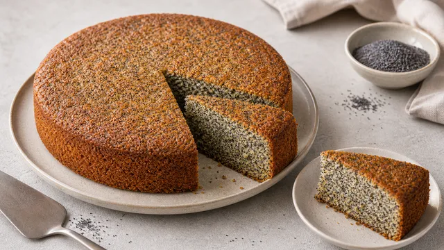 Keto poppy seed cake with almond flour, dark crumb and visible poppy seeds