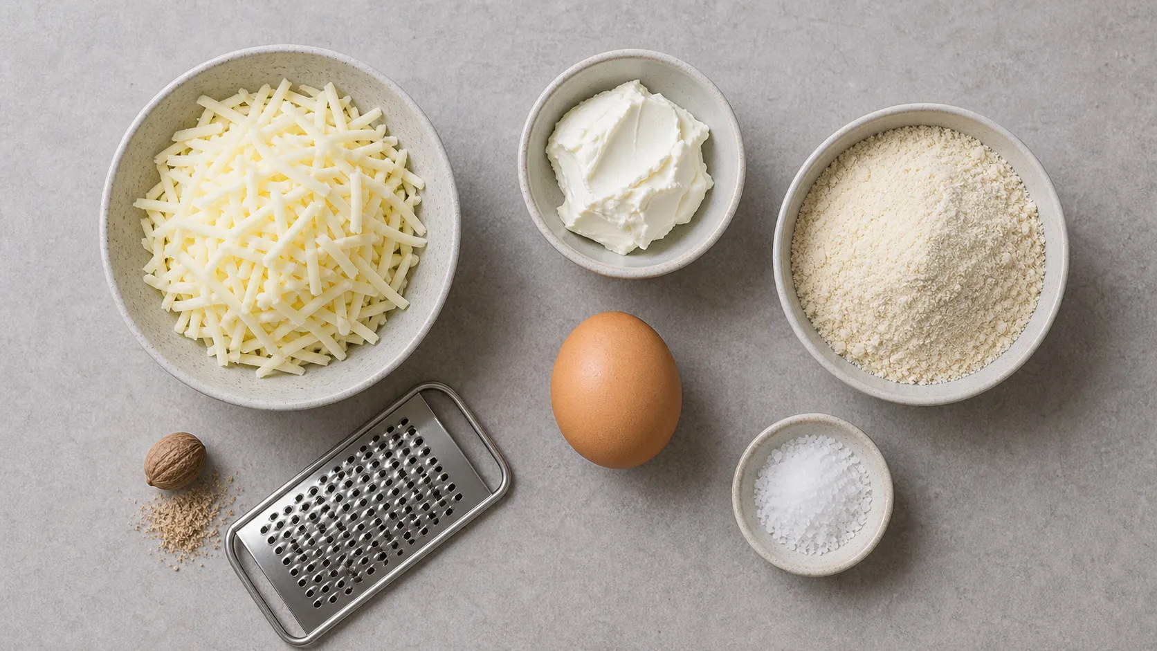 Ingredients for keto mozzarella dumplings: shredded mozzarella, cream cheese, almond flour, egg, nutmeg and salt