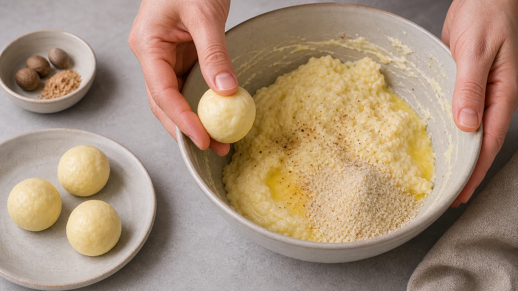 Warm mozzarella and almond flour mixture being shaped by hand into round keto dumplings