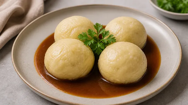 Keto dumplings made from mozzarella and almond flour served with dark gravy and parsley