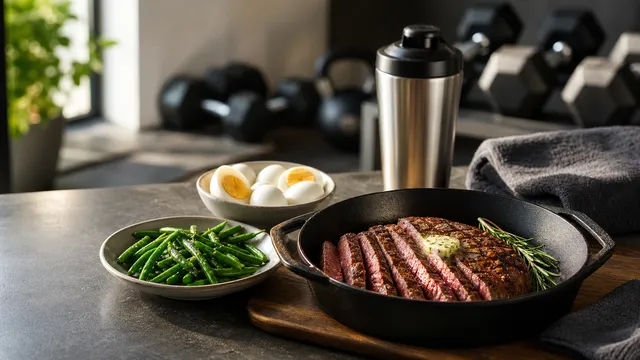 Dumbbells, a shaker and a protein-rich keto meal with steak, green beans and eggs on a training counter