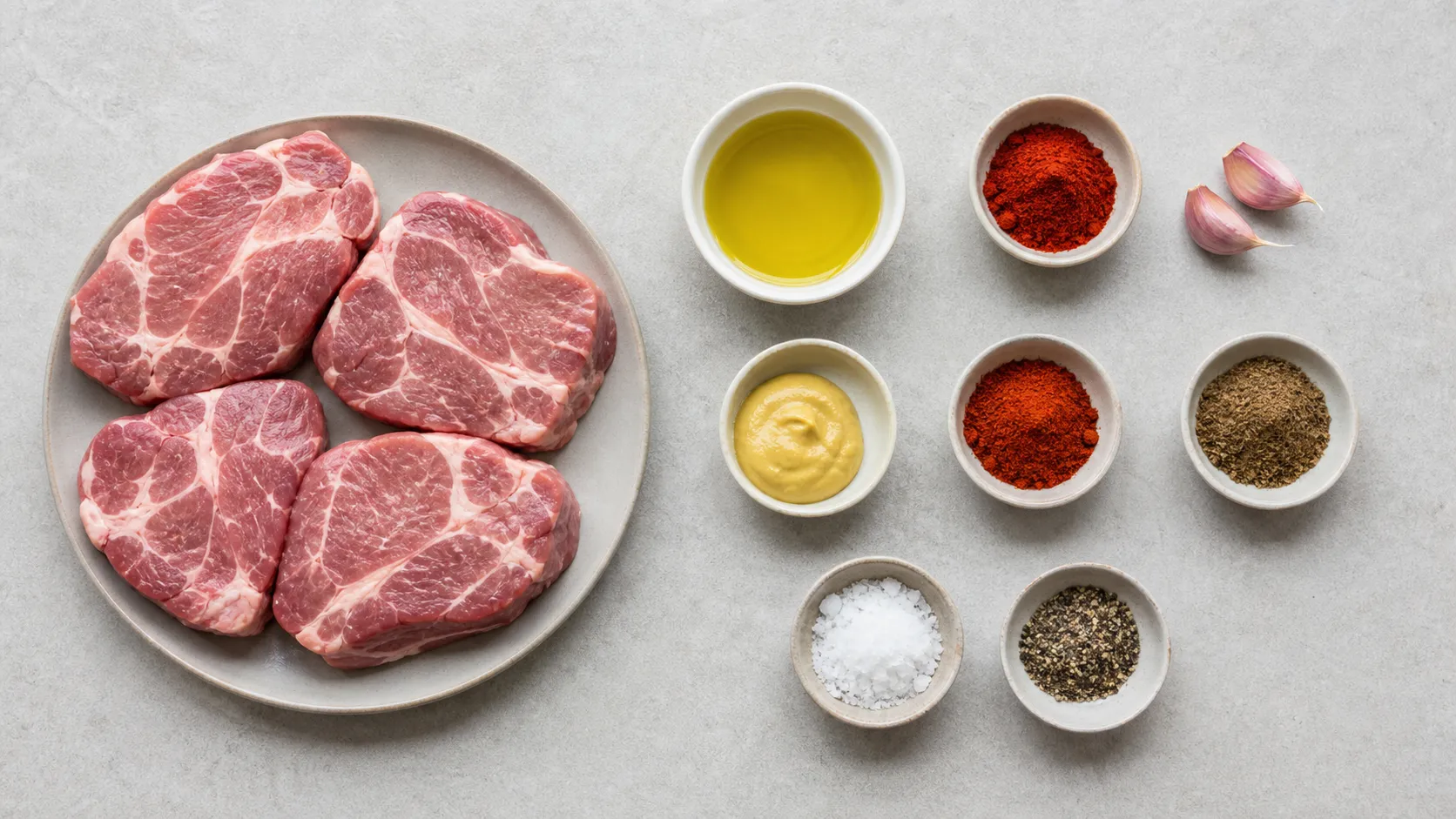 Ingredients for keto pork neck steaks: four raw pork neck steaks, olive oil, paprika powder, garlic, mustard and caraway