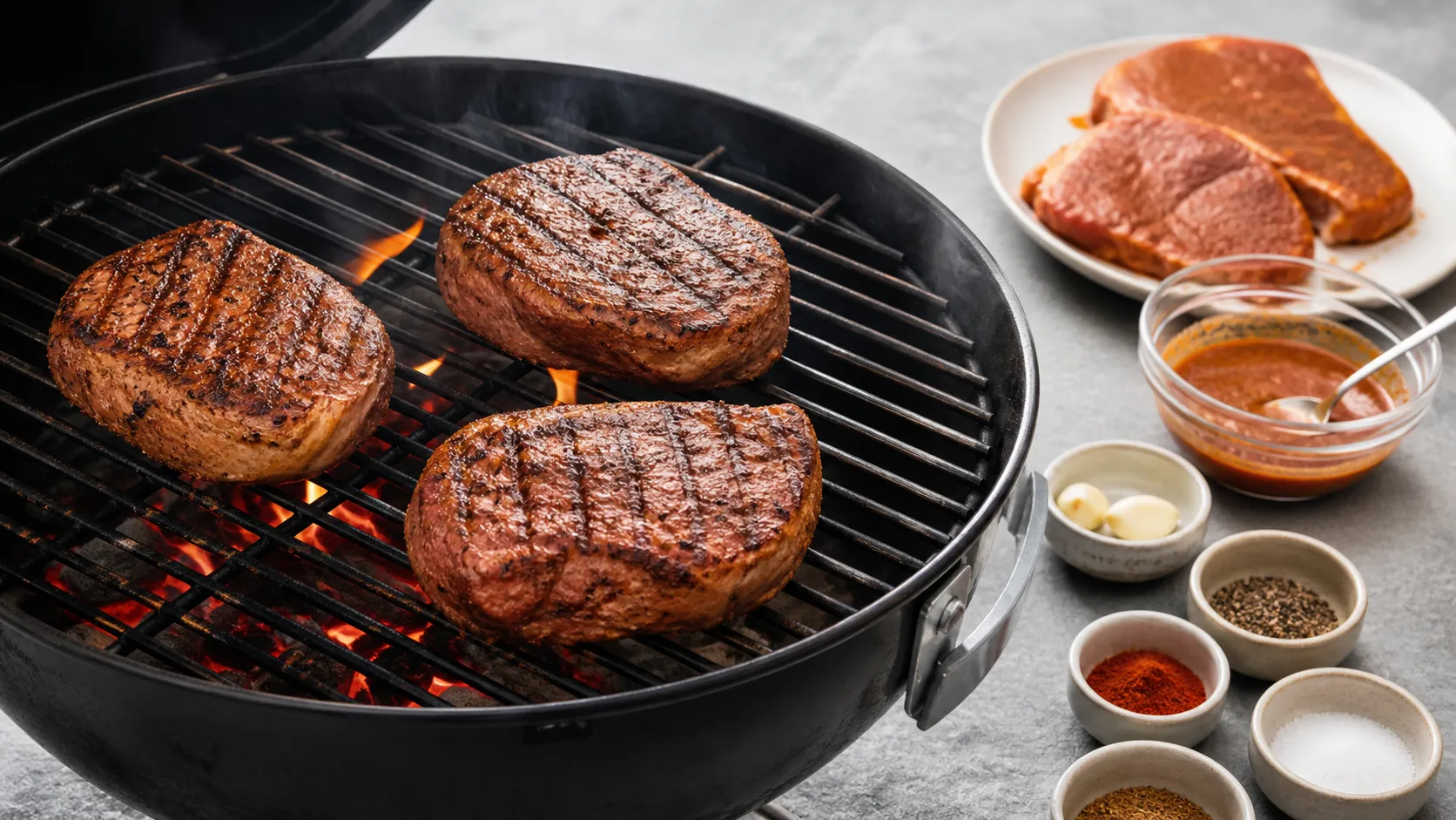 Pork neck steaks on the hot grill grate over direct heat, developing grill marks