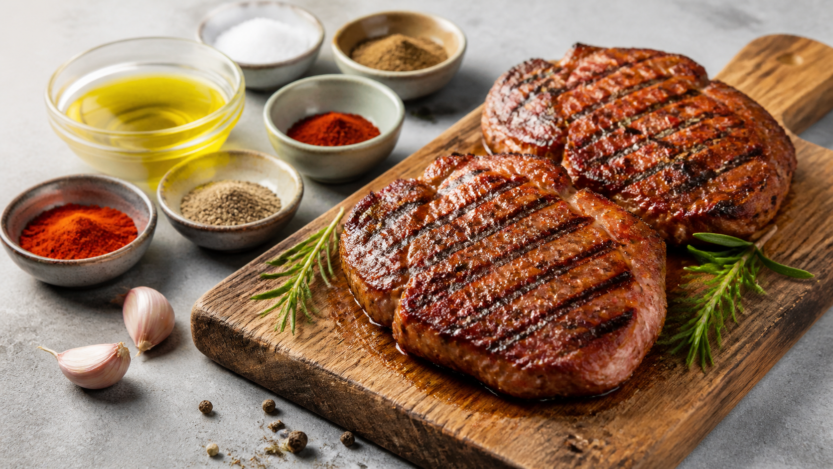 Two grilled keto pork neck steaks with grill marks on a wooden board, next to rosemary and coarse pepper