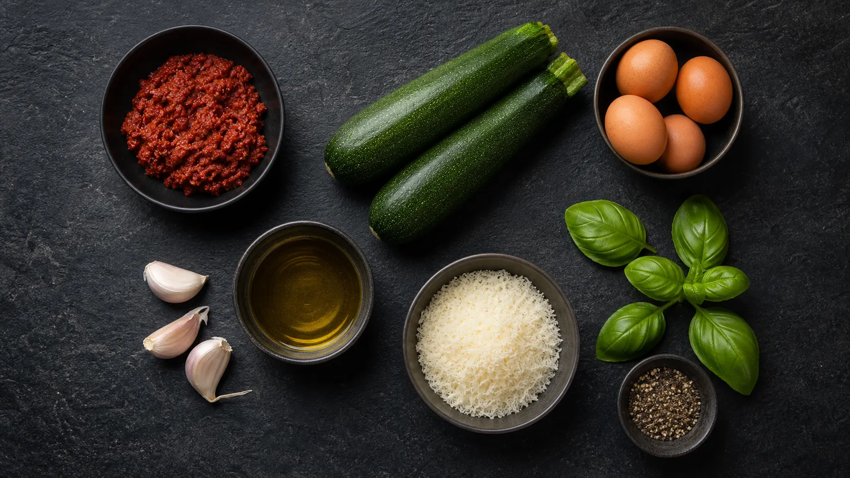 Flatlay of ingredients for keto 'nduja zucchini skillet with 'nduja, zucchini, eggs and basil