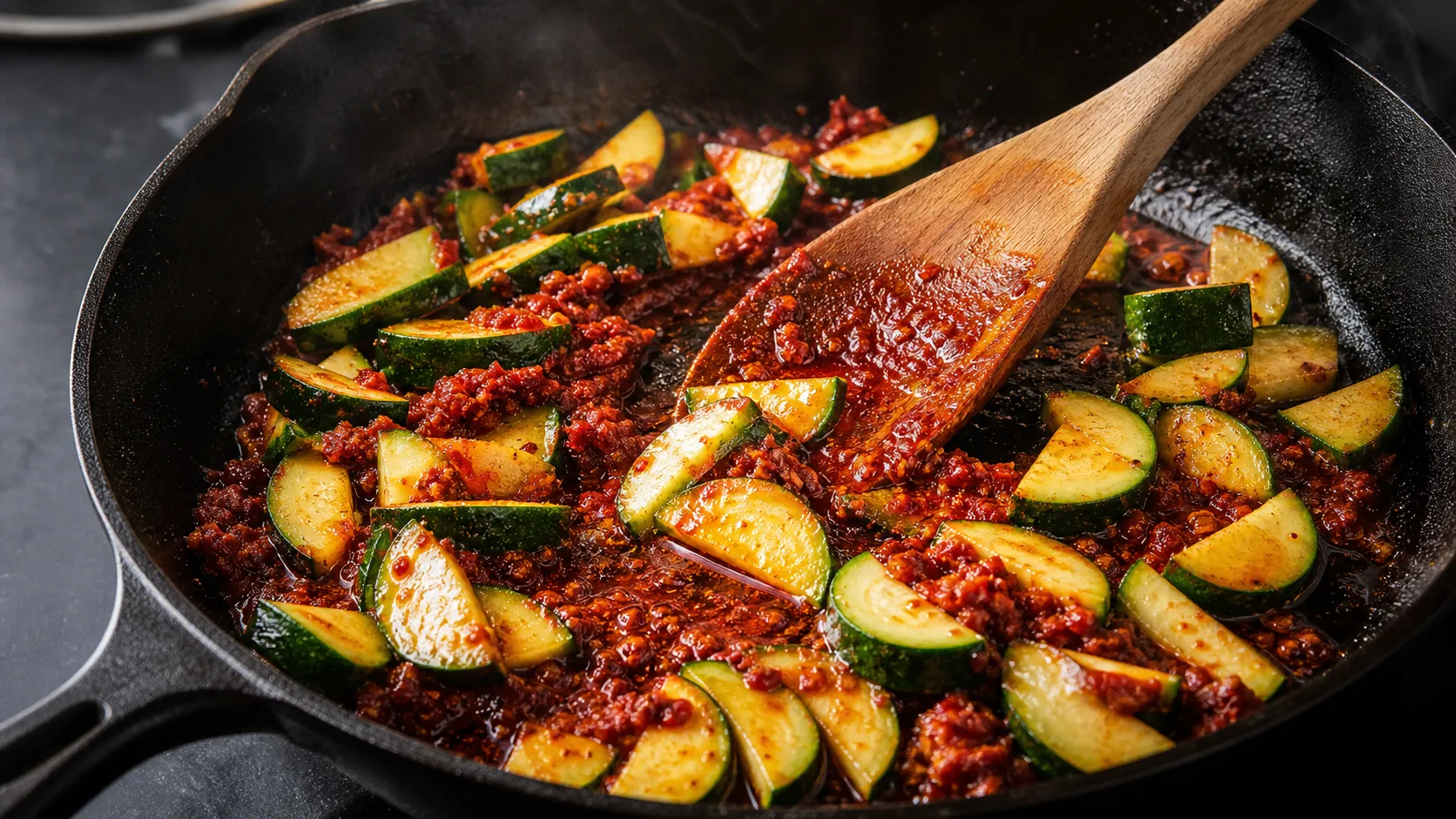 'Nduja melting in the skillet and coating zucchini with red chili oil