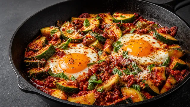 Finished keto 'nduja zucchini skillet with fried eggs, pecorino and basil