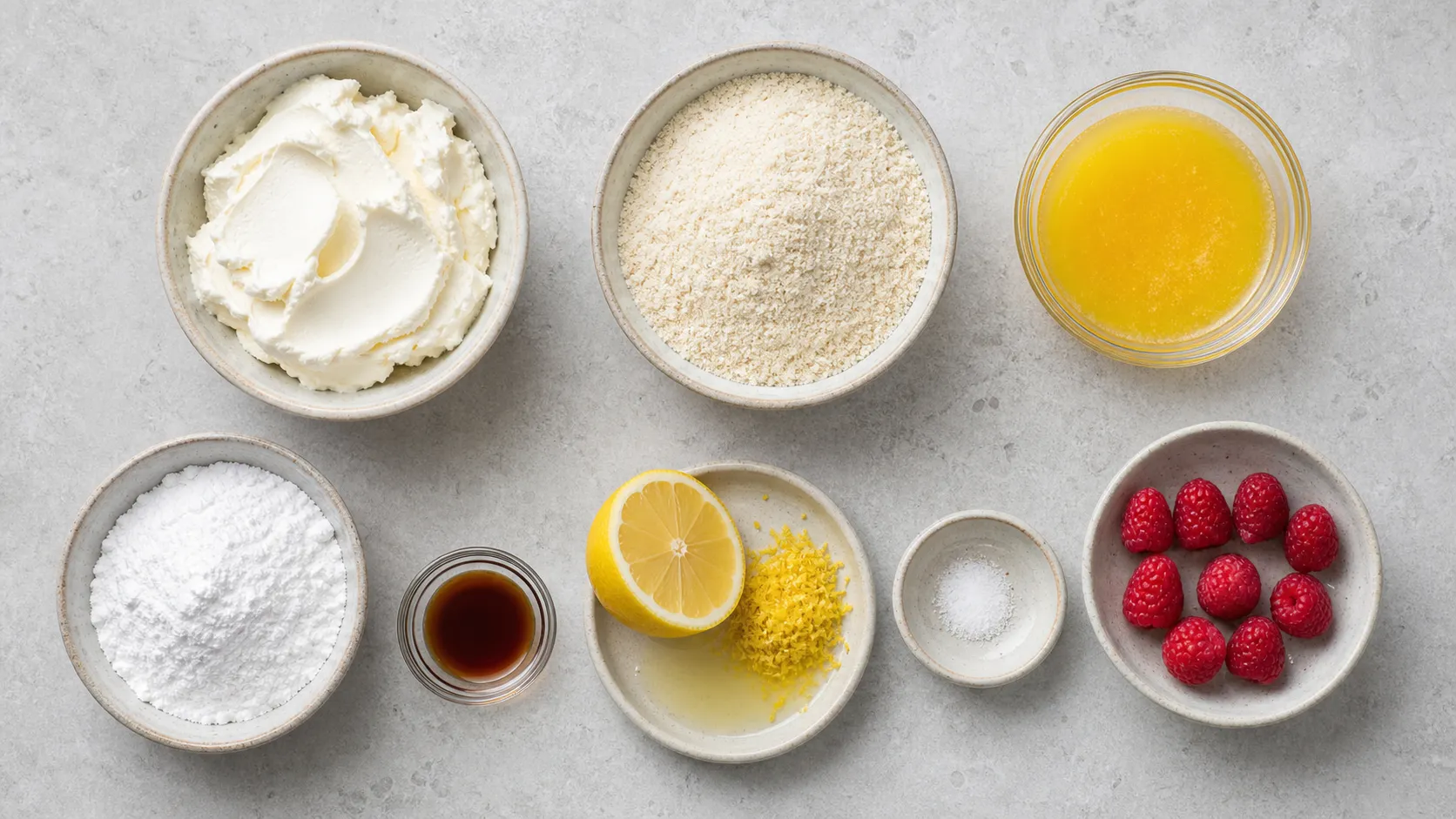 Ingredients for keto no-bake cheesecake bites laid out as a clear flatlay