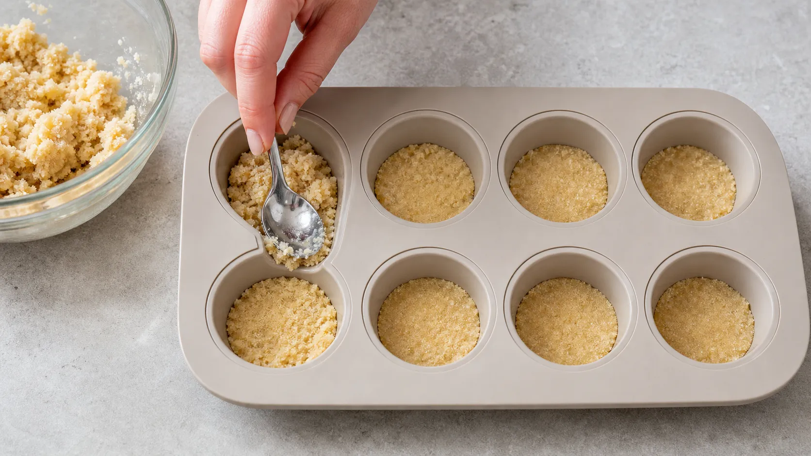 Cream cheese filling being spooned onto pressed almond bases in silicone molds