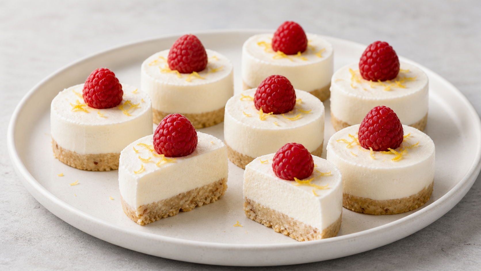 Keto no-bake cheesecake bites with an almond base, cream cheese filling and raspberries