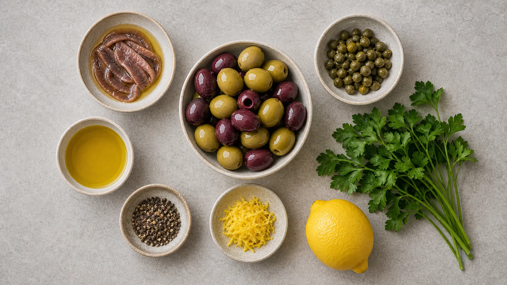 Ingredients for keto antipasti: various olive varieties, anchovy fillets in oil, capers, lemon and parsley