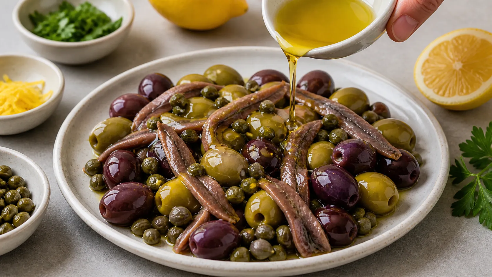 Anchovies and capers being arranged on the plate, olive oil drizzled on top
