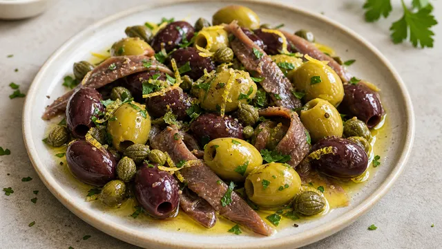 Keto antipasti plate with mixed olives, anchovy fillets, capers, lemon zest and olive oil