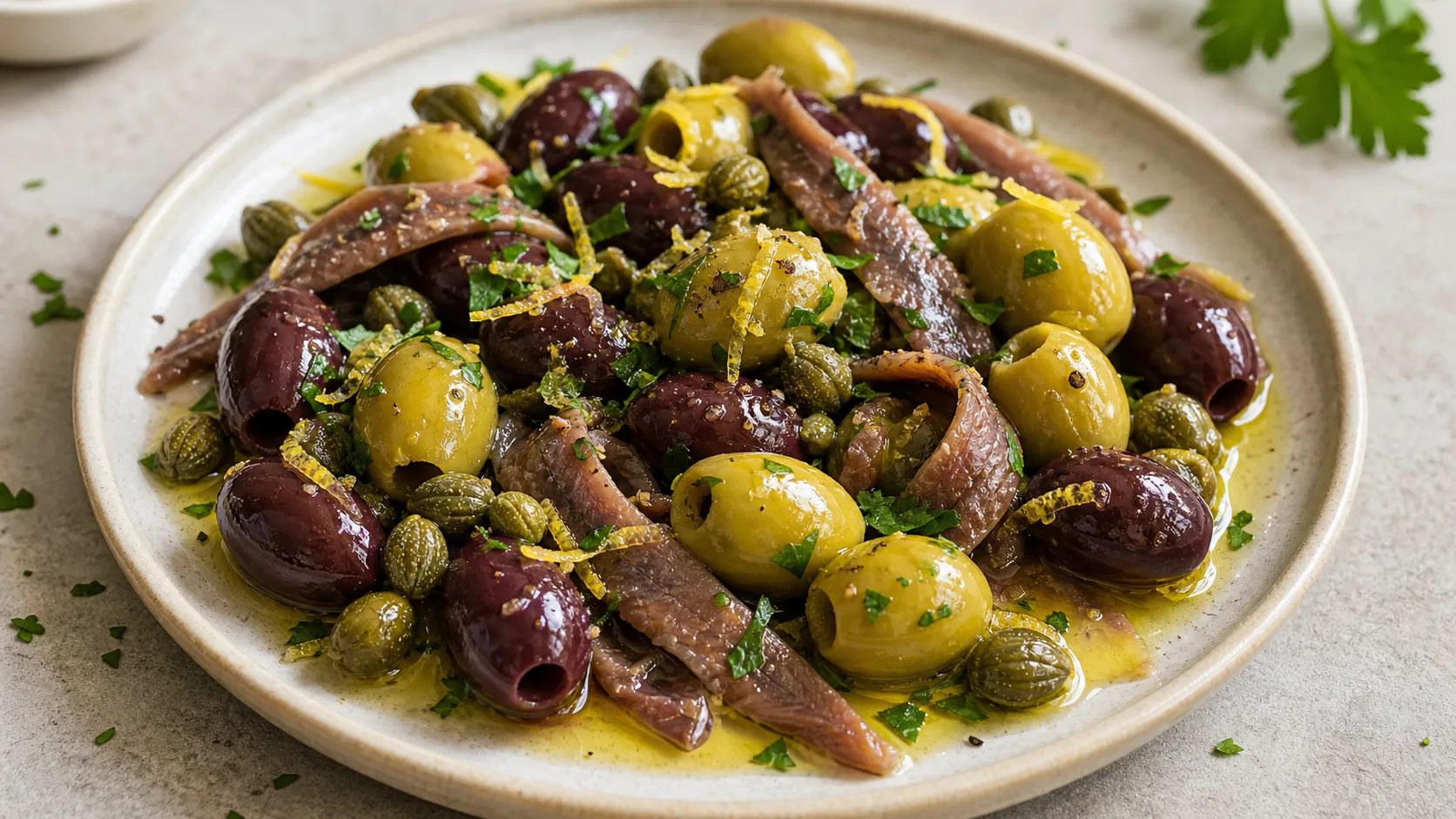 Keto antipasti plate with mixed olives, anchovy fillets, capers, lemon zest and olive oil