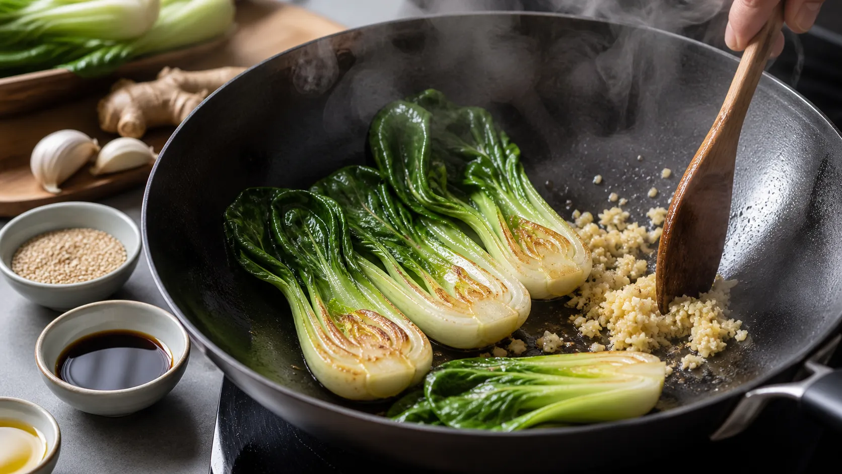 Halved bok choy searing in a wok with ginger and garlic, sesame seeds and tamari ready alongside