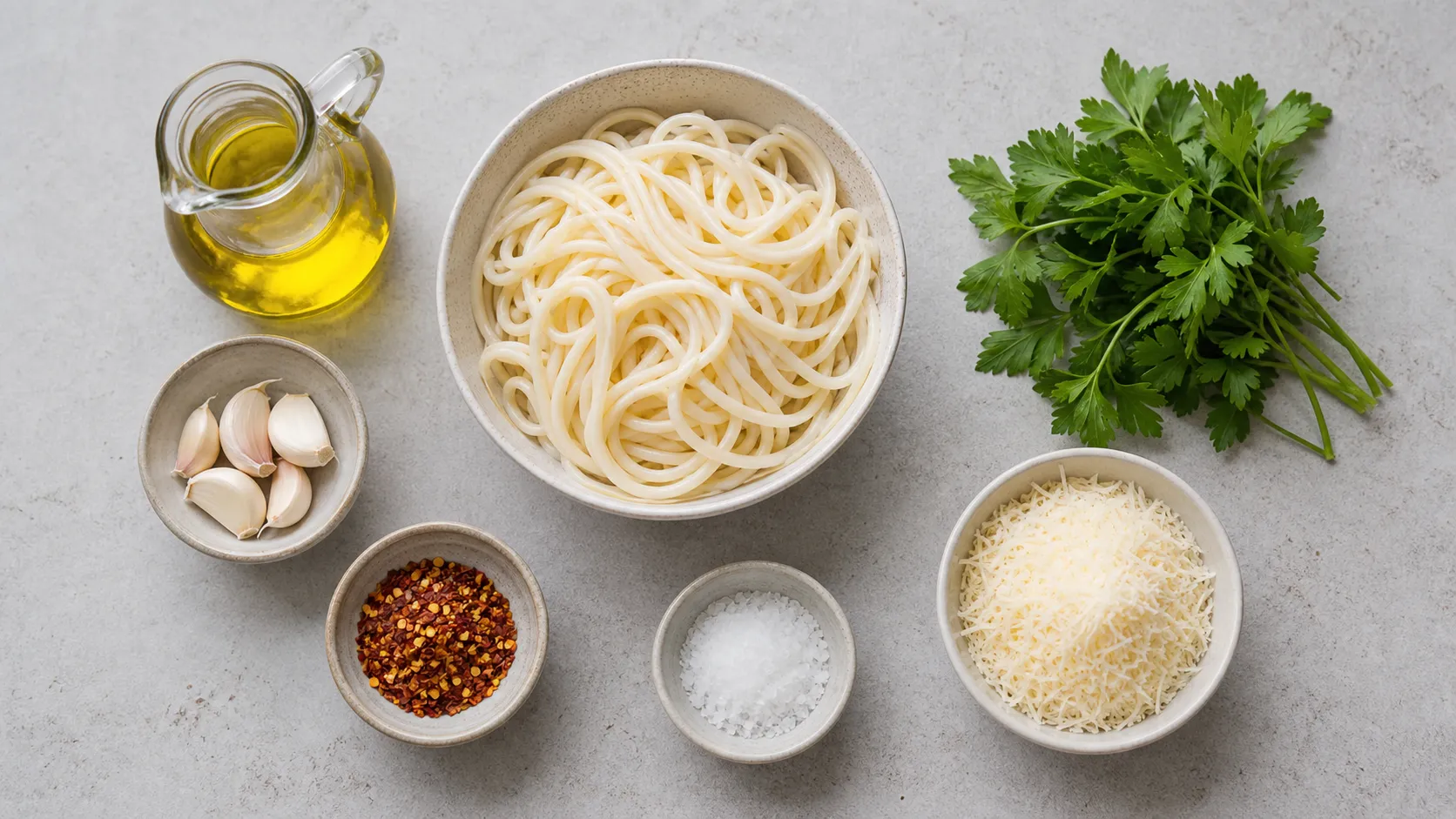 Ingredients for keto hearts of palm pasta aglio e olio: canned hearts of palm spaghetti, olive oil, garlic, chili flakes, and parsley