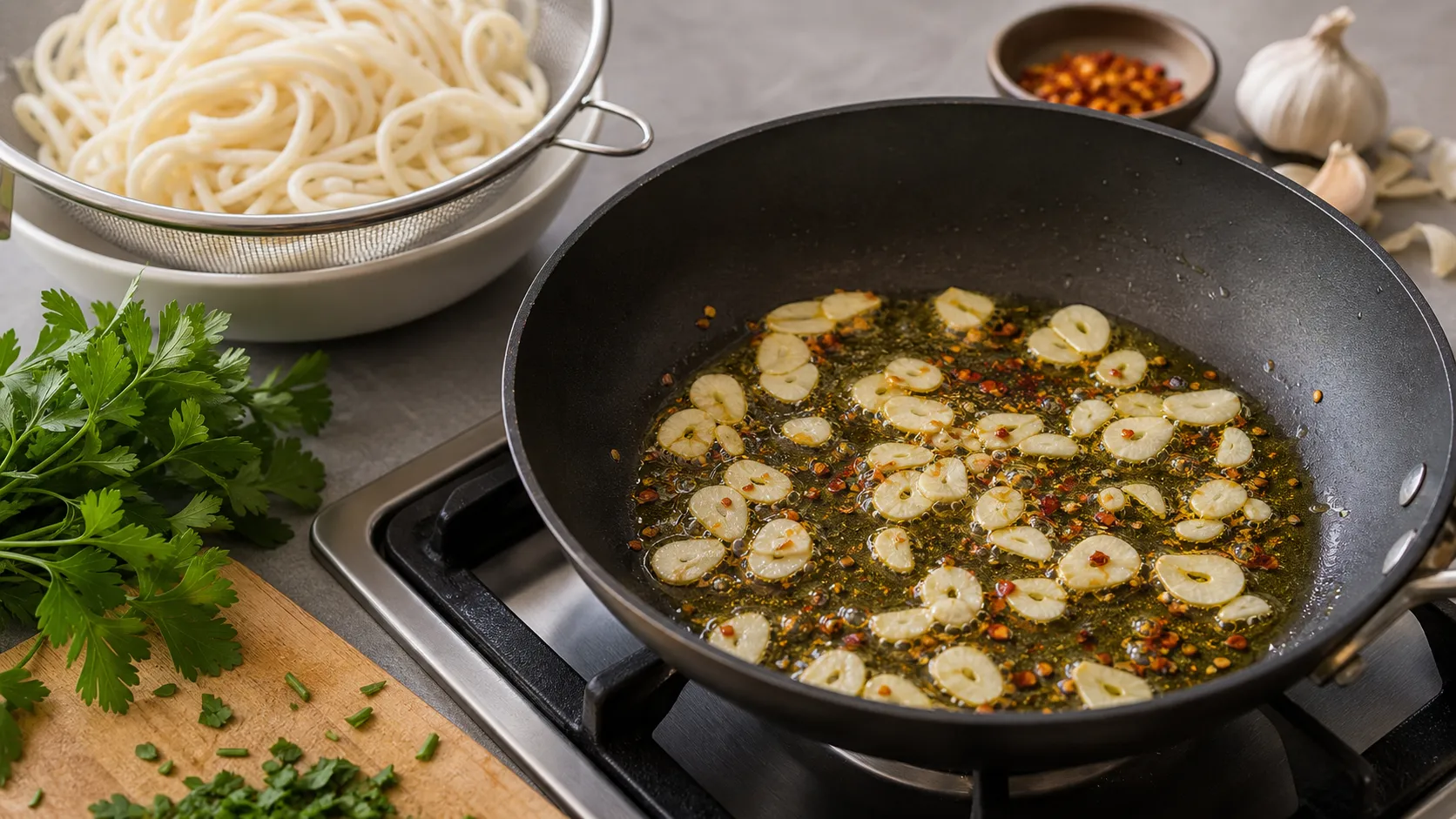 Garlic and chili flakes infusing in olive oil in a pan, with drained hearts of palm spaghetti next to it