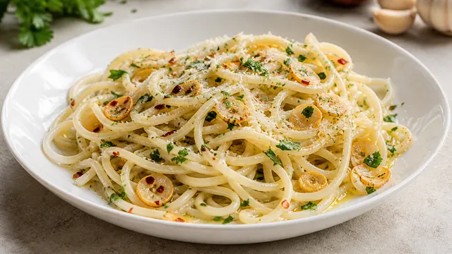 Keto hearts of palm pasta aglio e olio on a white plate: hearts of palm spaghetti with golden garlic-infused olive oil, chili flakes, and parsley