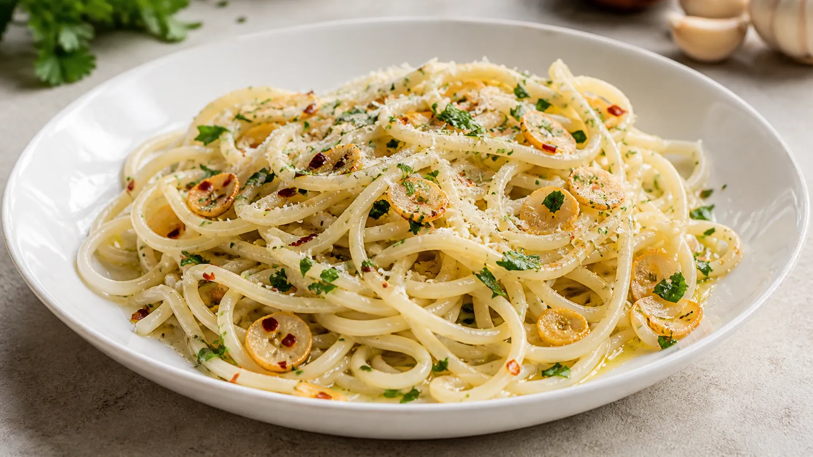 Keto hearts of palm pasta aglio e olio on a white plate: hearts of palm spaghetti with golden garlic-infused olive oil, chili flakes, and parsley