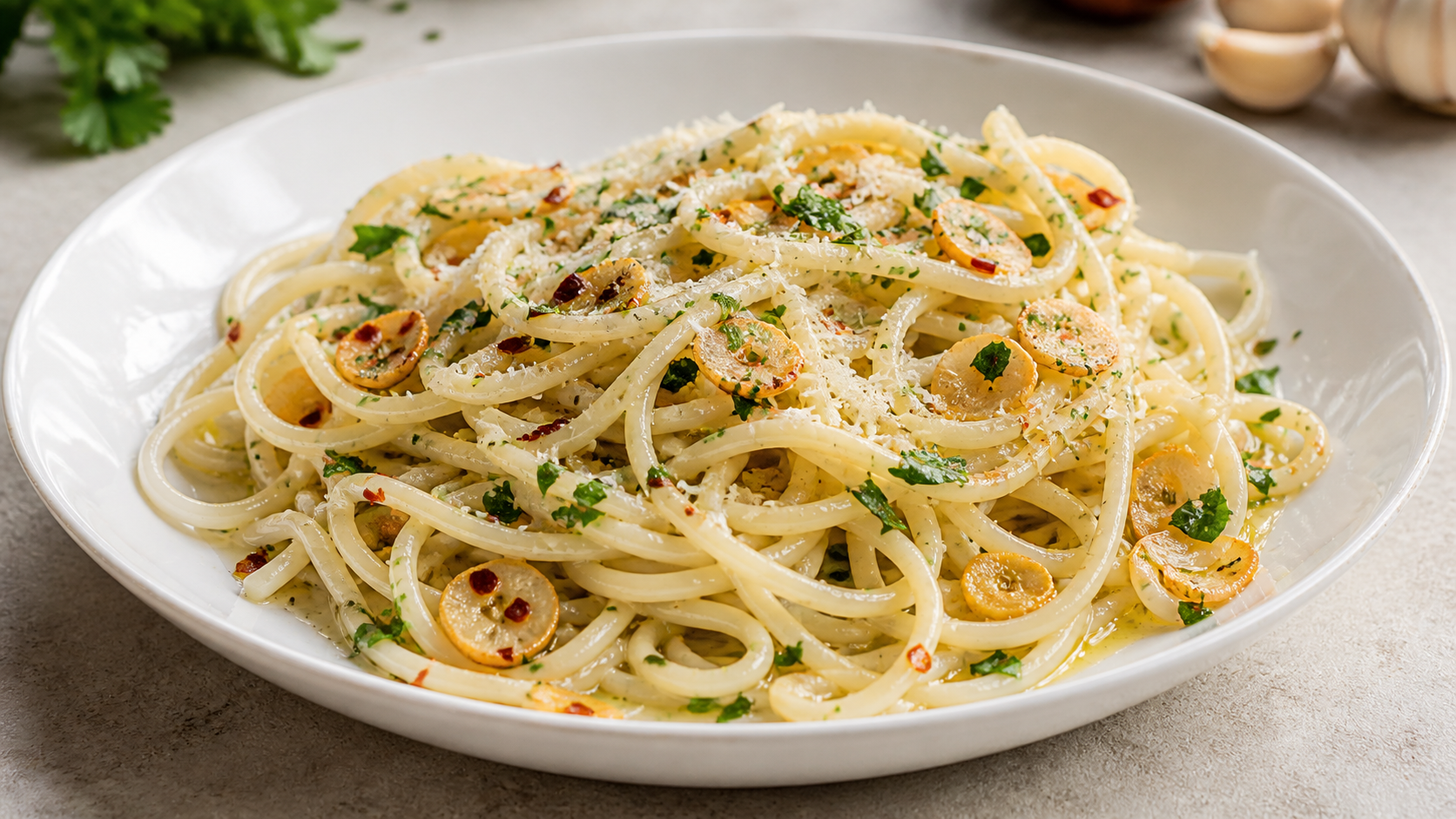 Keto hearts of palm pasta aglio e olio on a white plate: hearts of palm spaghetti with golden garlic-infused olive oil, chili flakes, and parsley
