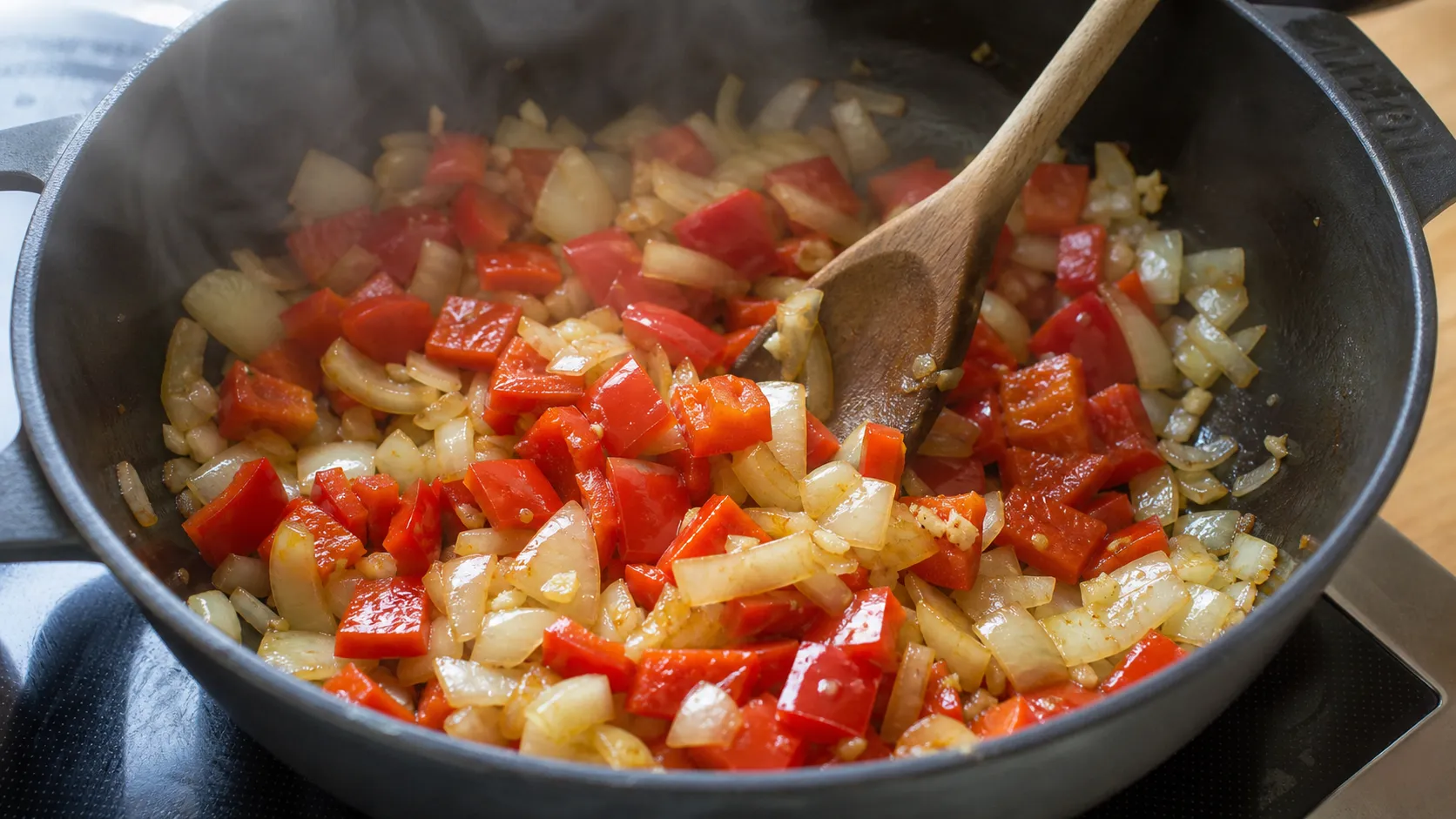 Diced zucchini simmering with stock in a pot before being blended with cream cheese