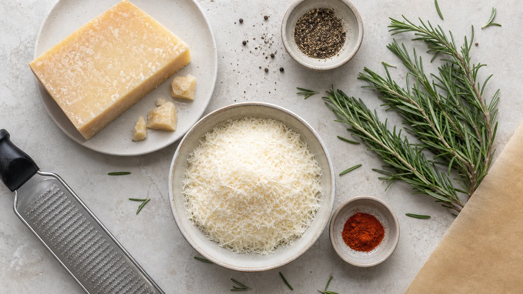 Ingredients for keto parmesan chips with rosemary: parmesan, grated parmesan, fresh rosemary, pepper and paprika