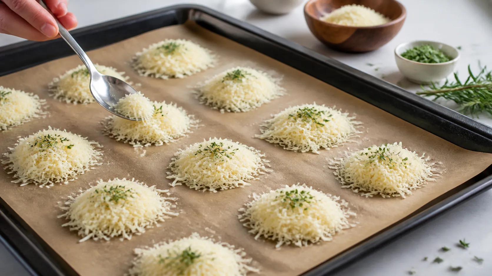 Small mounds of grated parmesan with rosemary sit on parchment paper, ready to be baked