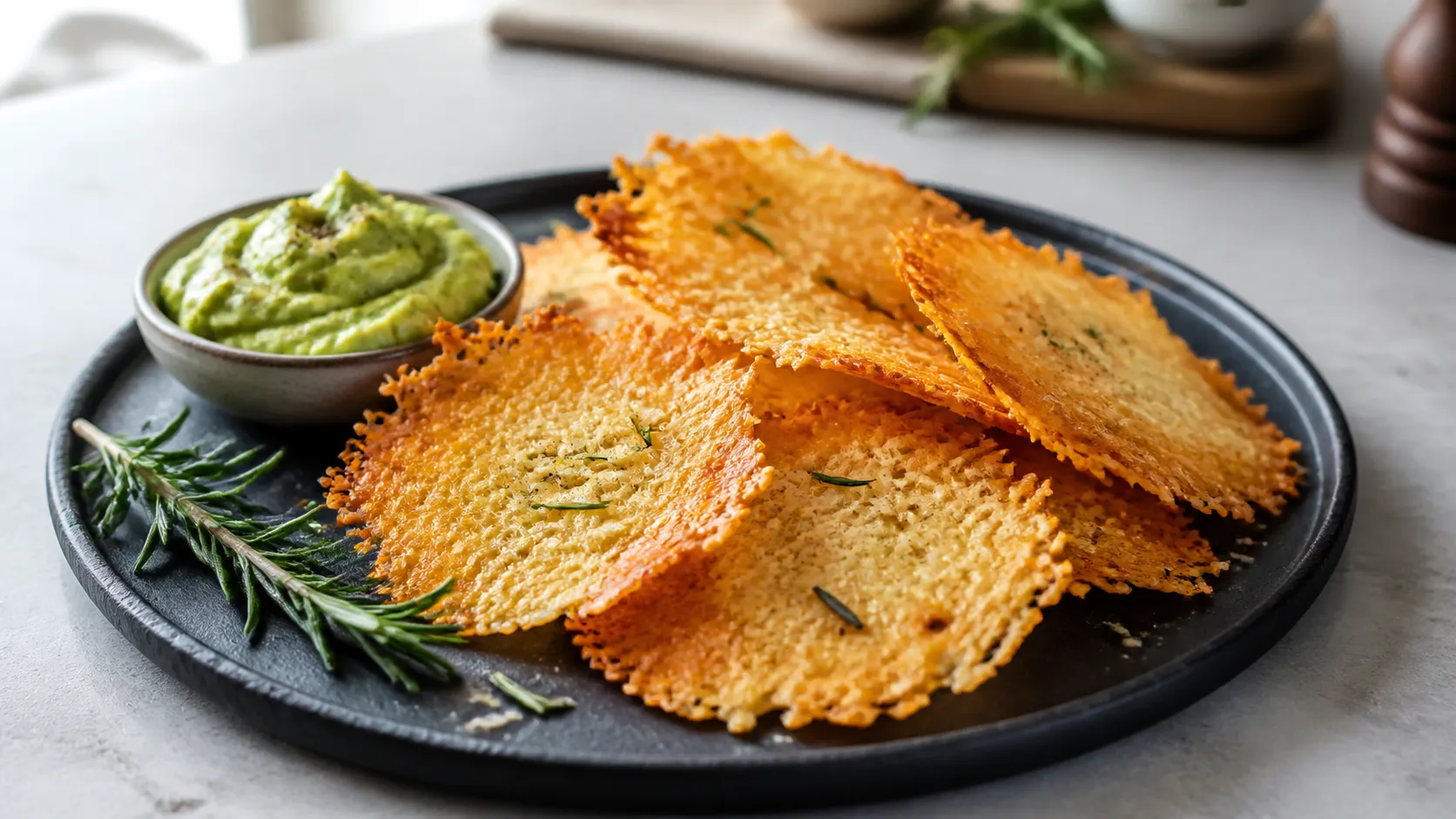 Golden brown keto parmesan chips with chopped rosemary on a dark slate board, next to a sprig of rosemary