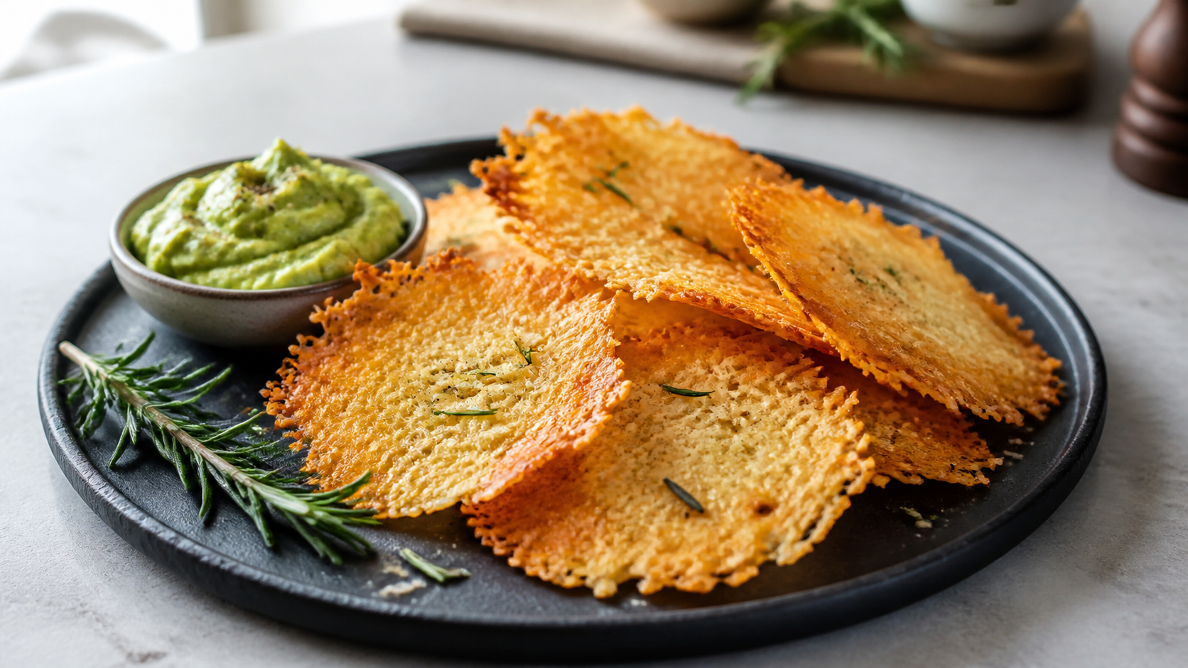 Golden brown keto parmesan chips with chopped rosemary on a dark slate board, next to a sprig of rosemary