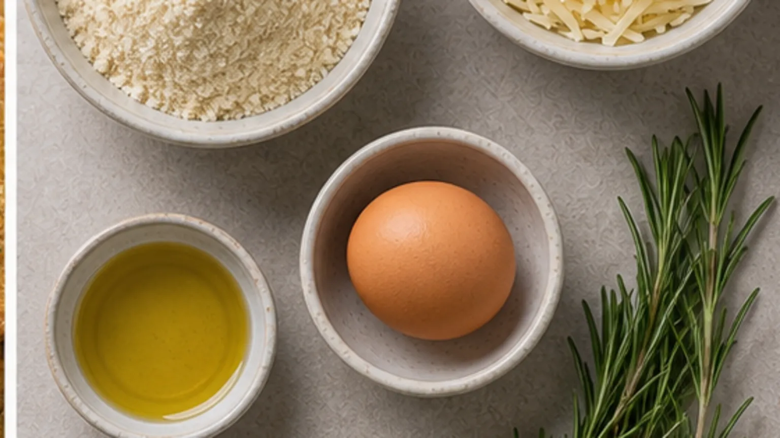 Ingredients for keto parmesan almond crackers with rosemary: blanched almond flour, grated parmesan, 1 egg, softened butter, fresh rosemary