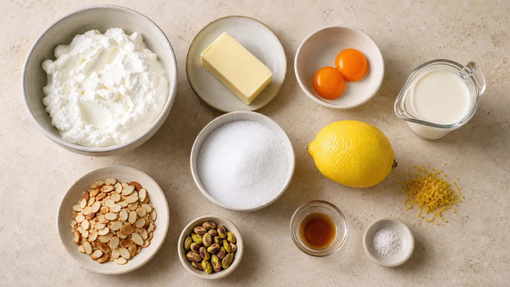 Ingredients for keto paskha: full-fat quark, butter, egg yolk, cream, erythritol, almonds, pistachios and lemon zest