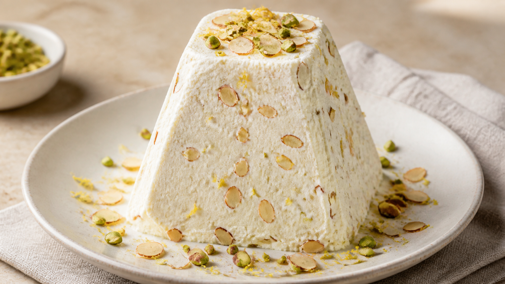 Turned-out keto paskha in a pyramid shape with flaked almonds and pistachios on a plate
